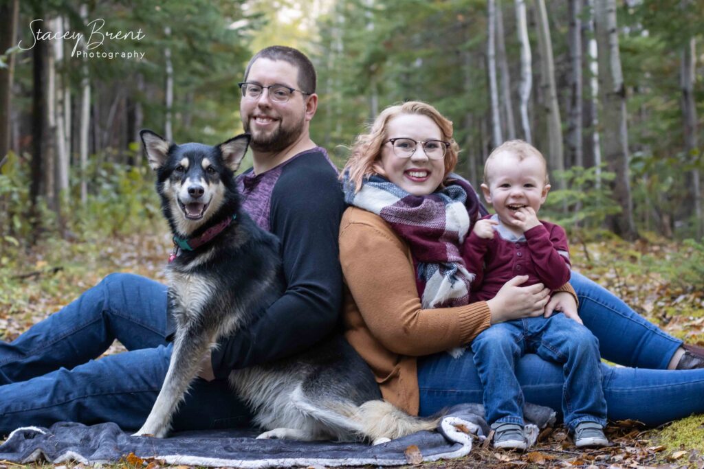 Family of 3 with the dog during Fall. Stacey Brent Photography, Central Newfoundland.