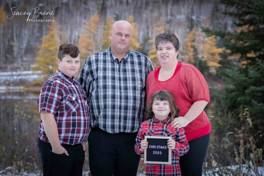 Family of 4 during Fall for Christmas Card. Stacey Brent Photography, Central Newfoundland.