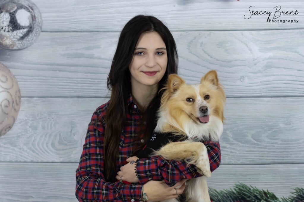 Couples Christmas card with dog in studio. Stacey Brent Photography Gallery, Central Newfoundland.