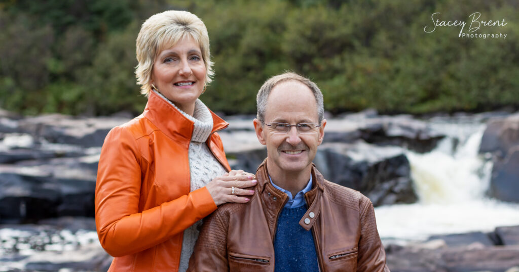 Anniversary with river falls. Stacey Brent Photography, Central Newfoundland.