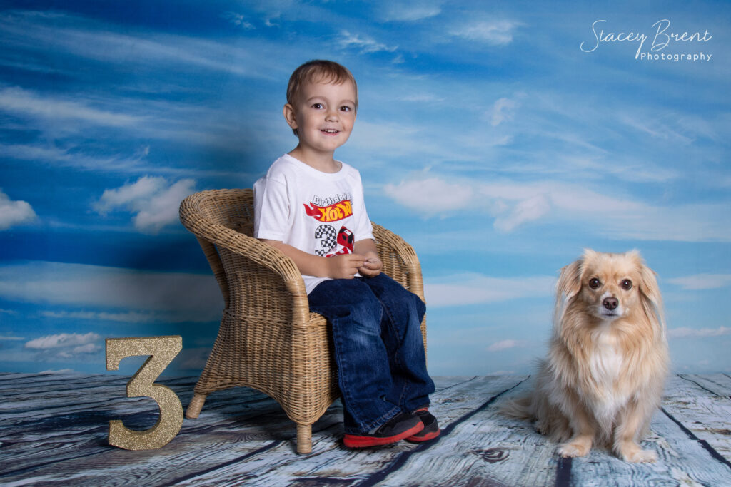 Birthday Third in studio with dog. Stacey Brent Photography, Central Newfoundland.