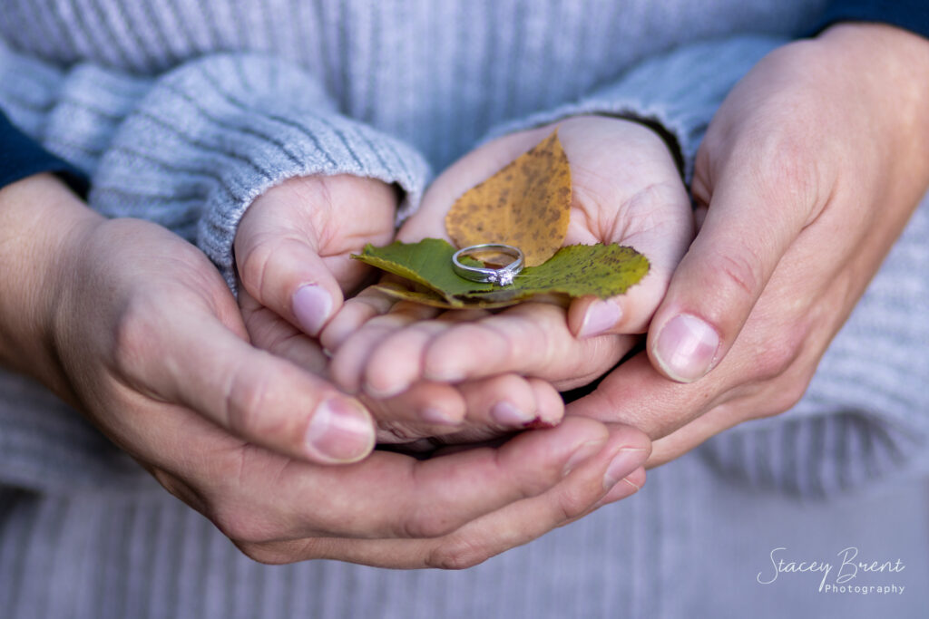 Engagment Session with ring in leaves in hands beautiful props. Stacey Brent Photography, Central Newfoundland.